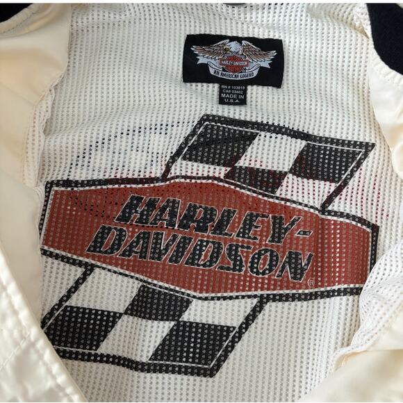 Harley-Davidson Y2K Racing Bomber Jacket M Checkered Logo Patch Flag USA White - Picture 8 of 14